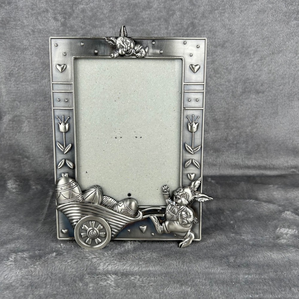 Easter Bunny Pewter Finish Picture Frame Rabbit Egg Wheelbarrow Spring Decor